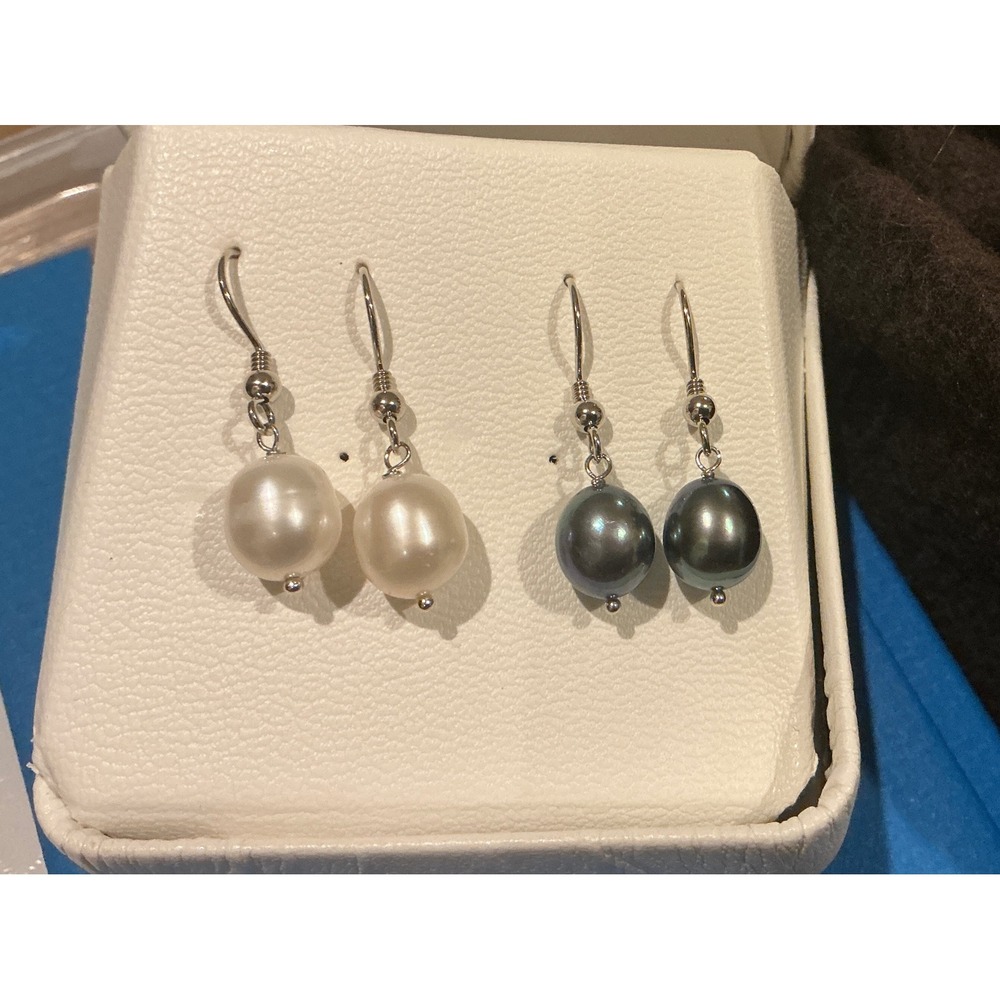 JTV White & Gray Pearl Drop Earrings Sterling Silver Dangle Hook Jewelry SET‎